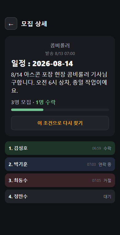 딱콜 모집 상세 화면 — 우선순위 발송·응답 현황