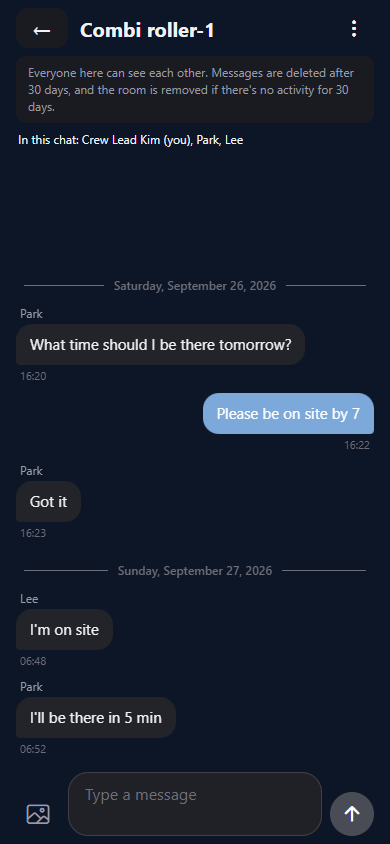 Ttagcall group chat room with a date divider where the day changes